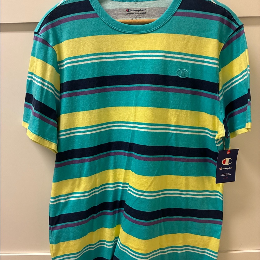 Champion Men's Multicolor Striped Tee - Teal, Yellow, and Purple
